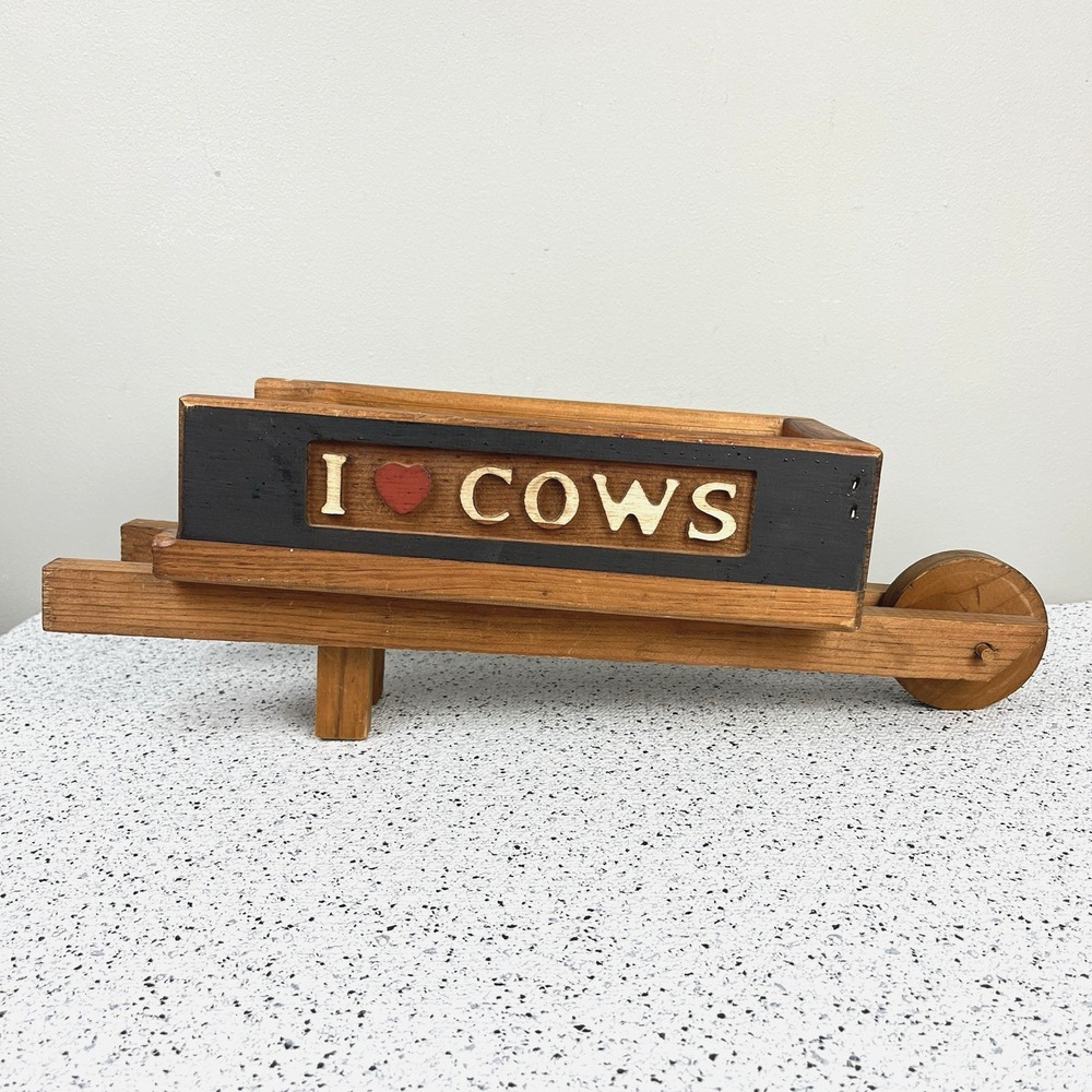 Handmade Wooden‎ Wheelbarrow I LOVE COWS Heart Vintage Trinket Shelf Accent